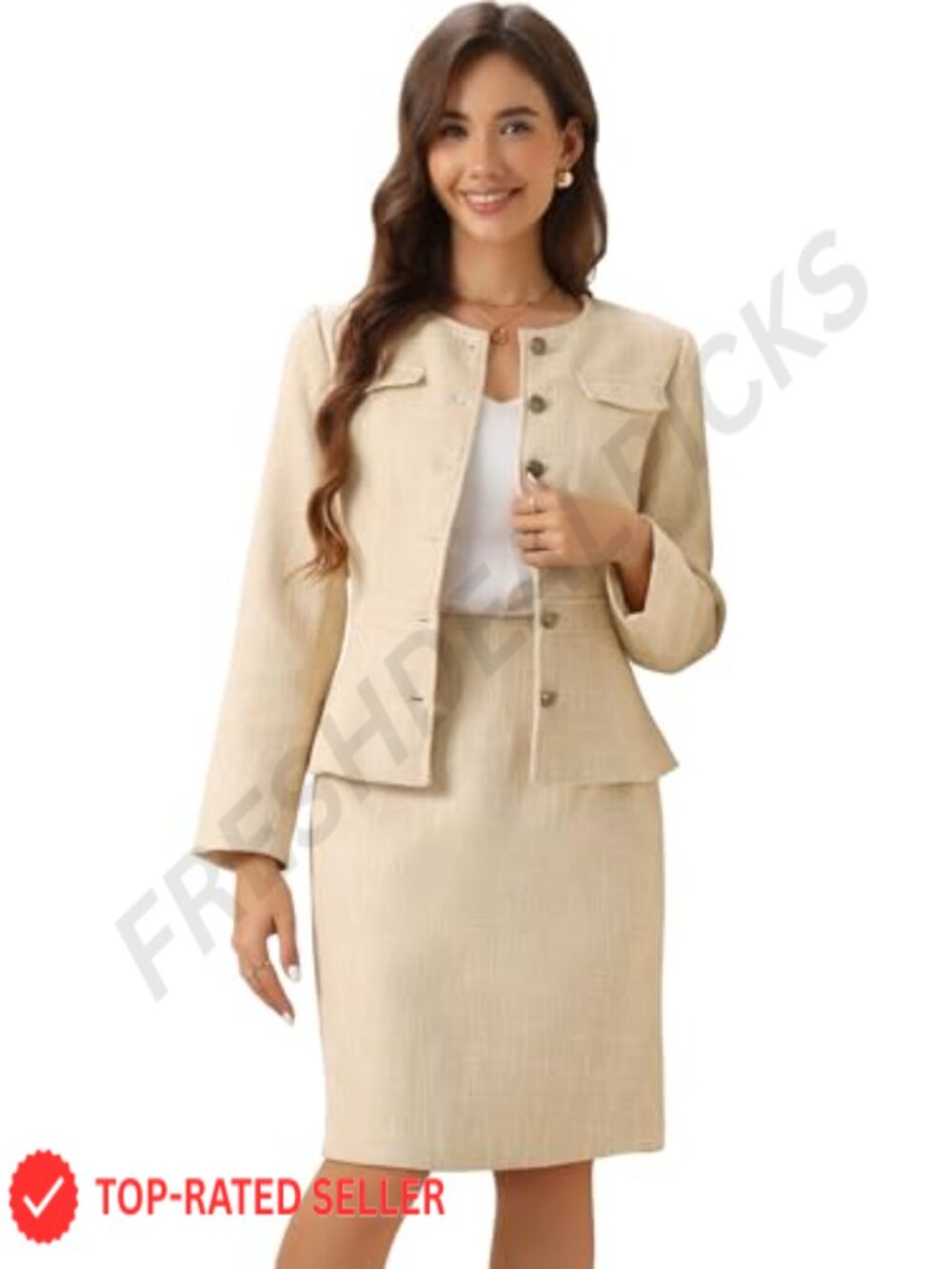 Allegra K Women's Tweed Jacket Collarless Blazer Business Work Skirt Suit